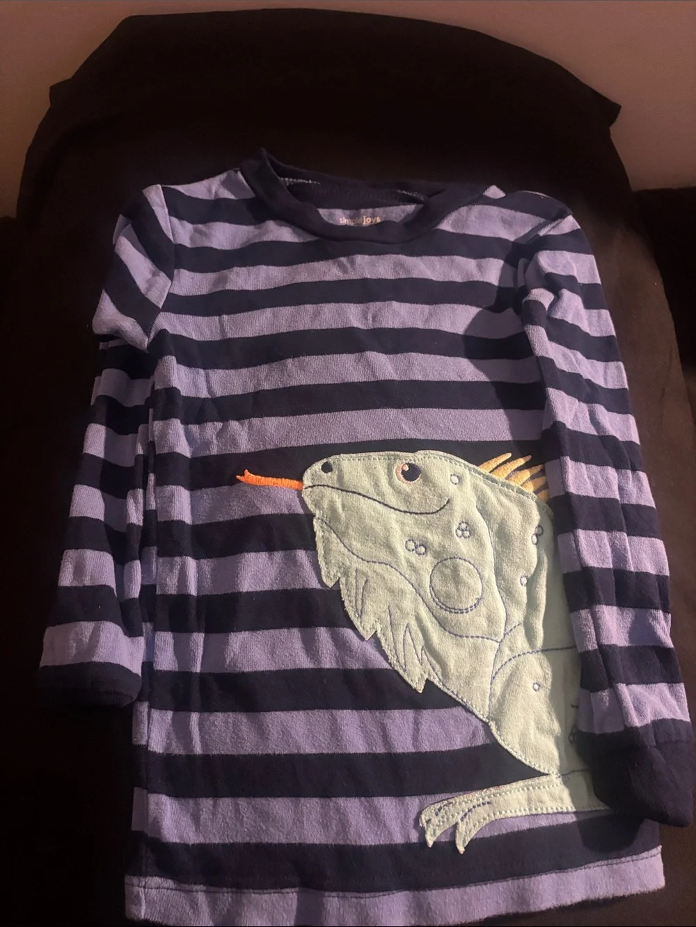Striped Purple & Navy Kids Long-Sleeve Top with Animal Applique